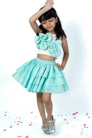 Shop_Label Kiaa_White Taffeta 3d Flower Embroidered Top And Skirt Set _at_Aza_Fashions