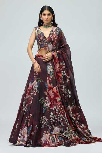 Buy_Varun Bahl_Black Silk Organza V-neck Embroidered Lehenga Set _at_Aza_Fashions