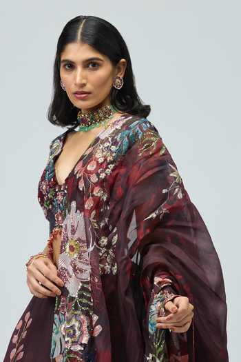 Buy_Varun Bahl_Black Silk Organza V-neck Embroidered Lehenga Set _Online_at_Aza_Fashions