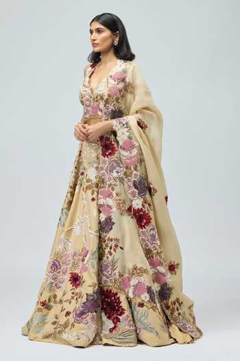 Varun Bahl_Peach Organza, Modal, Dupion V-neck Thread Work Lehenga Set _Online_at_Aza_Fashions