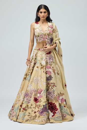 Buy_Varun Bahl_Peach Organza, Modal, Dupion V-neck Thread Work Lehenga Set _at_Aza_Fashions