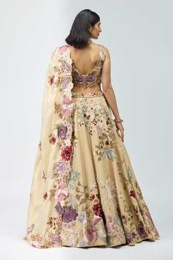 Shop_Varun Bahl_Peach Organza, Modal, Dupion V-neck Thread Work Lehenga Set _at_Aza_Fashions