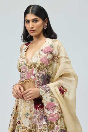 Buy_Varun Bahl_Peach Organza, Modal, Dupion V-neck Thread Work Lehenga Set _Online_at_Aza_Fashions