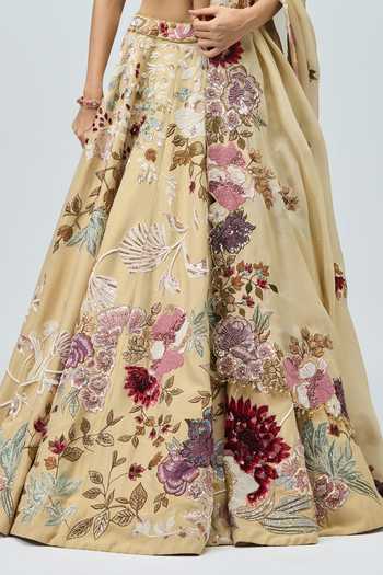 Shop_Varun Bahl_Peach Organza, Modal, Dupion V-neck Thread Work Lehenga Set _Online_at_Aza_Fashions