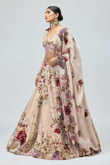 Varun Bahl_Peach Organza, Viscose V-neck Tissue And Embroidered Lehenga Set _Online_at_Aza_Fashions