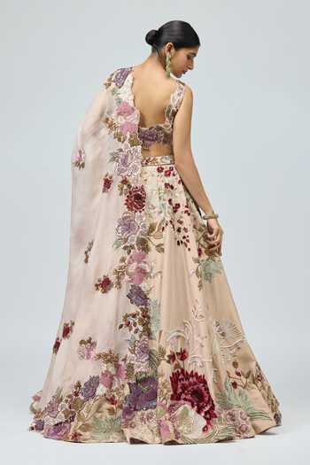 Shop_Varun Bahl_Peach Organza, Viscose V-neck Tissue And Embroidered Lehenga Set _at_Aza_Fashions