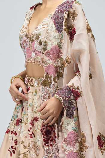 Varun Bahl_Peach Organza, Viscose V-neck Tissue And Embroidered Lehenga Set _at_Aza_Fashions