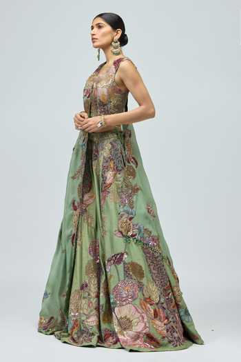 Varun Bahl_Green Organza, Modal, Dupion Sweetheart Neck 3d Work Embroidered Lehenga Set _Online_at_Aza_Fashions