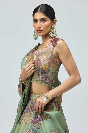 Buy_Varun Bahl_Green Organza, Modal, Dupion Sweetheart Neck 3d Work Embroidered Lehenga Set _Online_at_Aza_Fashions