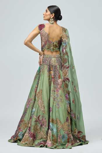Shop_Varun Bahl_Green Organza, Modal, Dupion Sweetheart Neck 3d Work Embroidered Lehenga Set _at_Aza_Fashions