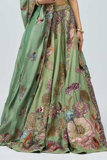 Shop_Varun Bahl_Green Organza, Modal, Dupion Sweetheart Neck 3d Work Embroidered Lehenga Set _Online_at_Aza_Fashions