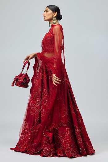 Varun Bahl_Red Net, Modal, Dupion Sweetheart Neck Floral Embroidered Lehenga Set _Online_at_Aza_Fashions