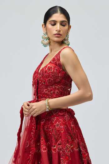 Shop_Varun Bahl_Red Net, Modal, Dupion Sweetheart Neck Floral Embroidered Lehenga Set _Online_at_Aza_Fashions