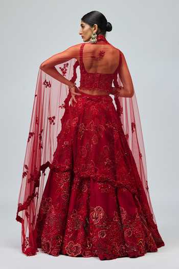 Shop_Varun Bahl_Red Net, Modal, Dupion Sweetheart Neck Floral Embroidered Lehenga Set _at_Aza_Fashions