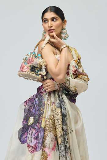 Varun Bahl_Ivory Silk Organza Sweetheart Neck Embroidered Printed Lehenga Set _Online_at_Aza_Fashions