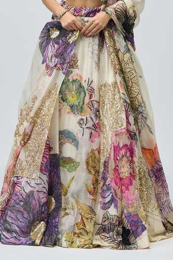 Buy_Varun Bahl_Ivory Silk Organza Sweetheart Neck Embroidered Printed Lehenga Set _Online_at_Aza_Fashions