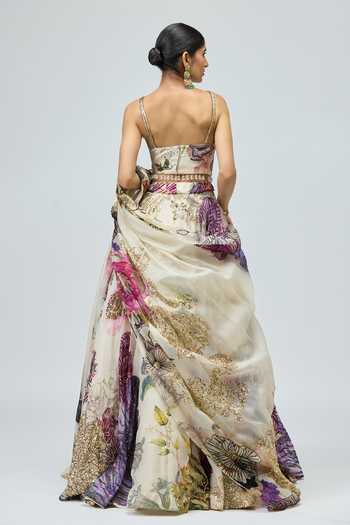Shop_Varun Bahl_Ivory Silk Organza Sweetheart Neck Embroidered Printed Lehenga Set _at_Aza_Fashions