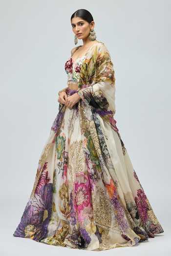Varun Bahl_Ivory Silk Organza Sweetheart Neck Embroidered Printed Lehenga Set _at_Aza_Fashions