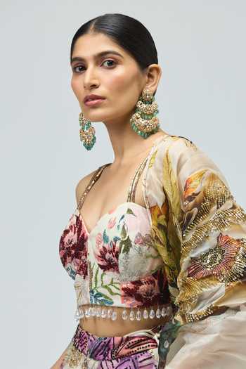 Buy_Varun Bahl_Ivory Silk Organza Sweetheart Neck Embroidered Printed Lehenga Set 