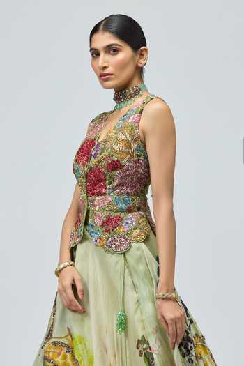 Varun Bahl_Green Net, Silk Organza V-neck Printed Embroidered Lehenga And Gilet Set _Online_at_Aza_Fashions
