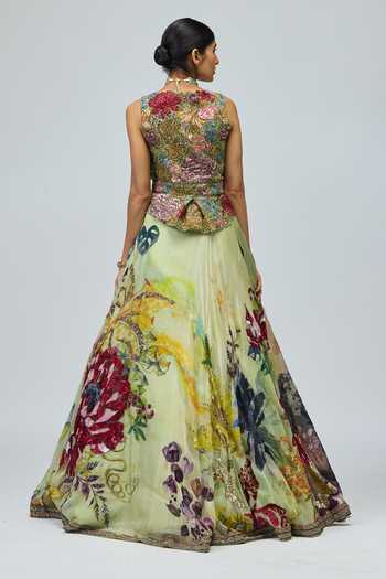Shop_Varun Bahl_Green Net, Silk Organza V-neck Printed Embroidered Lehenga And Gilet Set _at_Aza_Fashions