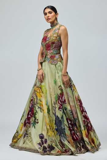 Buy_Varun Bahl_Green Net, Silk Organza V-neck Printed Embroidered Lehenga And Gilet Set _Online_at_Aza_Fashions