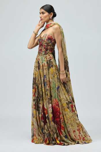 Varun Bahl_Beige Georgette Sweetheart Neck Embroidered Floral Sharara Set _Online_at_Aza_Fashions