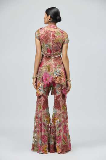 Shop_Varun Bahl_Pink Net Embroidery, Sequins, Beads, Pearls, Zari Scoop Neck, Jacket Palazzo Set _at_Aza_Fashions