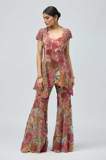 Buy_Varun Bahl_Pink Net Embroidery, Sequins, Beads, Pearls, Zari Scoop Neck, Jacket Palazzo Set _at_Aza_Fashions