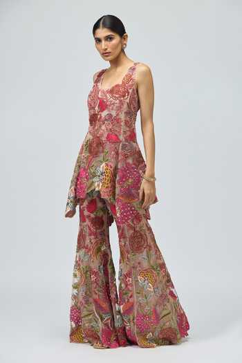 Buy_Varun Bahl_Pink Net Embroidery, Sequins, Beads, Pearls, Zari Scoop Neck, Jacket Palazzo Set _Online_at_Aza_Fashions