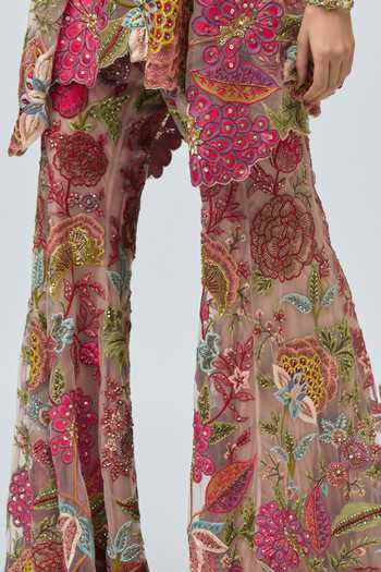 Shop_Varun Bahl_Pink Net Embroidery, Sequins, Beads, Pearls, Zari Scoop Neck, Jacket Palazzo Set _Online_at_Aza_Fashions