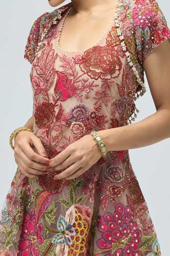Varun Bahl_Pink Net Embroidery, Sequins, Beads, Pearls, Zari Scoop Neck, Jacket Palazzo Set _at_Aza_Fashions