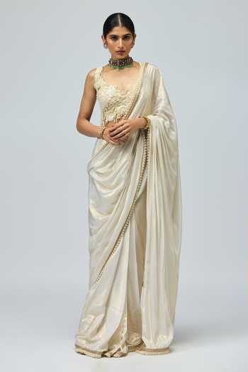 Buy_Varun Bahl_Ivory Brocade Sweetheart Neck Saree And Embroidered Blouse Set _Online_at_Aza_Fashions