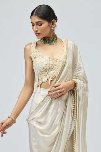 Shop_Varun Bahl_Ivory Brocade Sweetheart Neck Saree And Embroidered Blouse Set _Online_at_Aza_Fashions