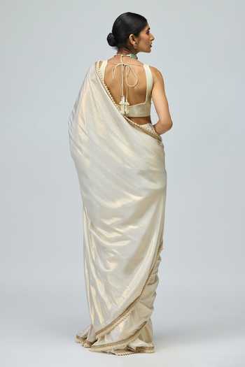 Shop_Varun Bahl_Ivory Brocade Sweetheart Neck Saree And Embroidered Blouse Set _at_Aza_Fashions
