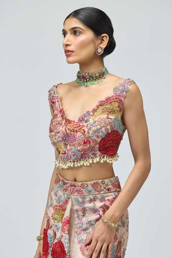Varun Bahl_Pink Net, Silk Organza Sweetheart Neck Embroidered Blouse And Skirt Set _Online_at_Aza_Fashions