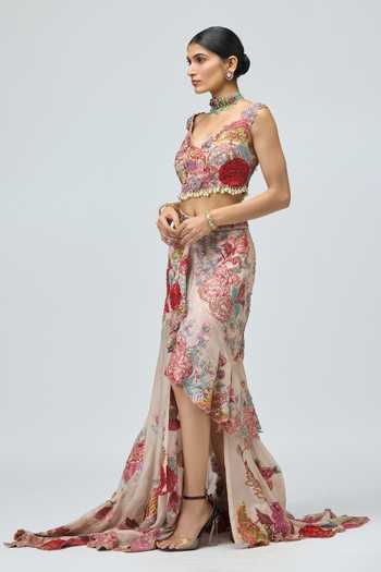 Buy_Varun Bahl_Pink Net, Silk Organza Sweetheart Neck Embroidered Blouse And Skirt Set _Online_at_Aza_Fashions