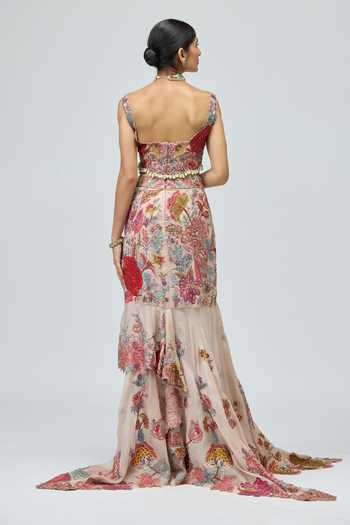 Shop_Varun Bahl_Pink Net, Silk Organza Sweetheart Neck Embroidered Blouse And Skirt Set _at_Aza_Fashions
