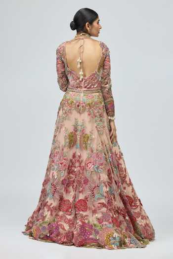 Shop_Varun Bahl_Pink Net Embroidery, Sequins, Pearls, Zari, Stones Plunge Neck Floral V Gown _at_Aza_Fashions