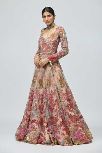 Varun Bahl_Pink Net Embroidery, Sequins, Pearls, Zari, Stones Plunge Neck Floral V Gown _Online_at_Aza_Fashions