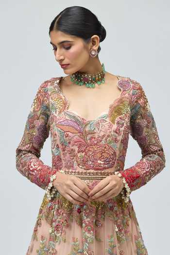 Buy_Varun Bahl_Pink Net Embroidery, Sequins, Pearls, Zari, Stones Plunge Neck Floral V Gown _Online_at_Aza_Fashions