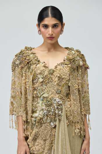Varun Bahl_Gold Net, Lycra, Lurex V-neck Crushed Mono Dress And Cape Set _Online_at_Aza_Fashions