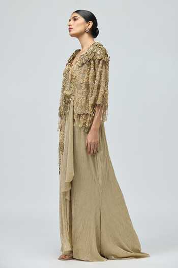 Buy_Varun Bahl_Gold Net, Lycra, Lurex V-neck Crushed Mono Dress And Cape Set _Online_at_Aza_Fashions