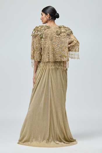Shop_Varun Bahl_Gold Net, Lycra, Lurex V-neck Crushed Mono Dress And Cape Set _at_Aza_Fashions
