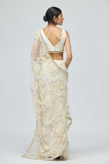 Shop_Varun Bahl_Ivory Net, Modal, Dupion V-neck Mono Saree Set _at_Aza_Fashions