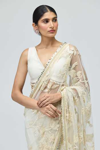 Varun Bahl_Ivory Net, Modal, Dupion V-neck Mono Saree Set _Online_at_Aza_Fashions