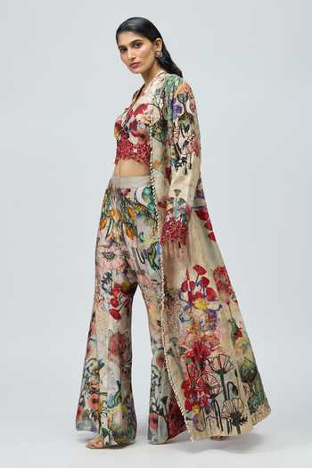 Varun Bahl_Multi Color Modal, Dupion Embroidery Open Neck, Printed Cape Set _Online_at_Aza_Fashions