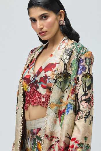 Buy_Varun Bahl_Multi Color Modal, Dupion Embroidery Open Neck, Printed Cape Set _Online_at_Aza_Fashions