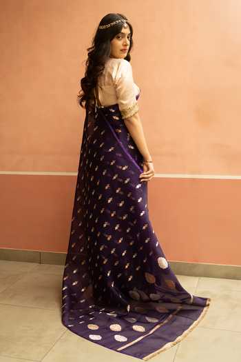Shop_Priyanka Raajiv_Purple Silk Chiti Saree With Unstitched Blouse Fabric _at_Aza_Fashions