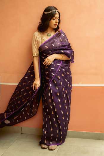 Priyanka Raajiv_Purple Silk Chiti Saree With Unstitched Blouse Fabric _Online_at_Aza_Fashions